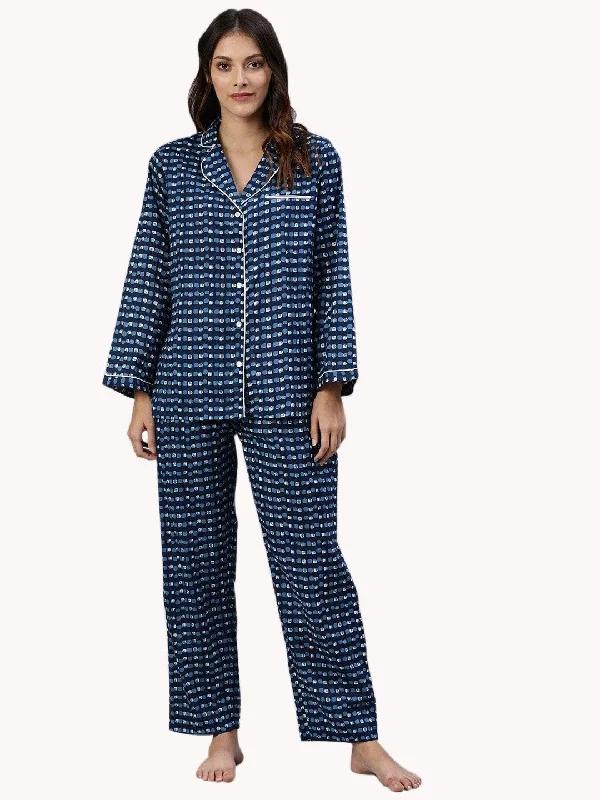 Women's Blue Printed Nightsuit - Divena