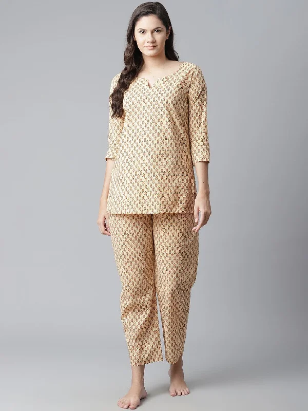 Women's The Dressify Yellow Buti Print Cotton Nightwear - Divena