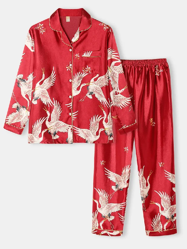 Plus Size Women Crane Pattern Revere Collar Ice Silk Home Casual Pajama Sets