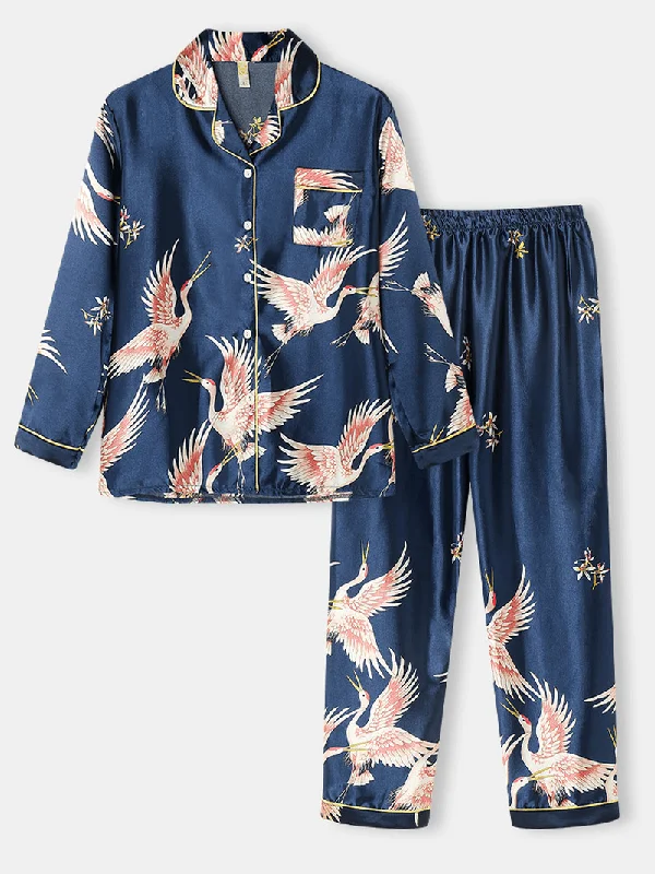 plus-size-women-crane-pattern-revere-collar-ice-silk-home-casual-pajama-sets