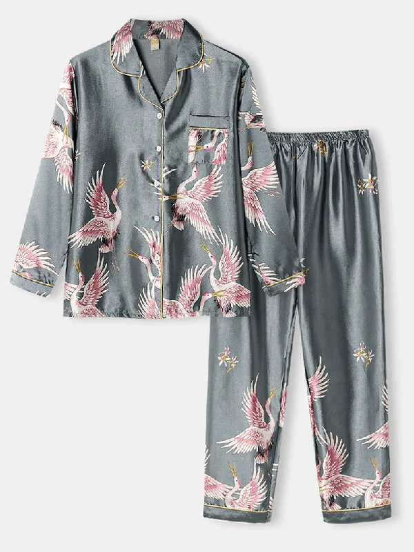 plus-size-women-crane-pattern-revere-collar-ice-silk-home-casual-pajama-sets