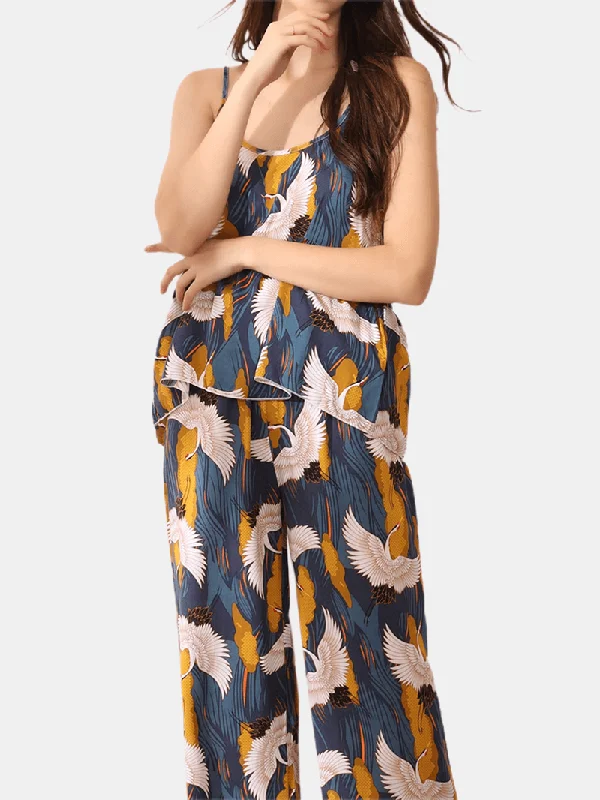 plus-size-women-etinic-style-crane-print-spaghetti-straps-home-pajama-set