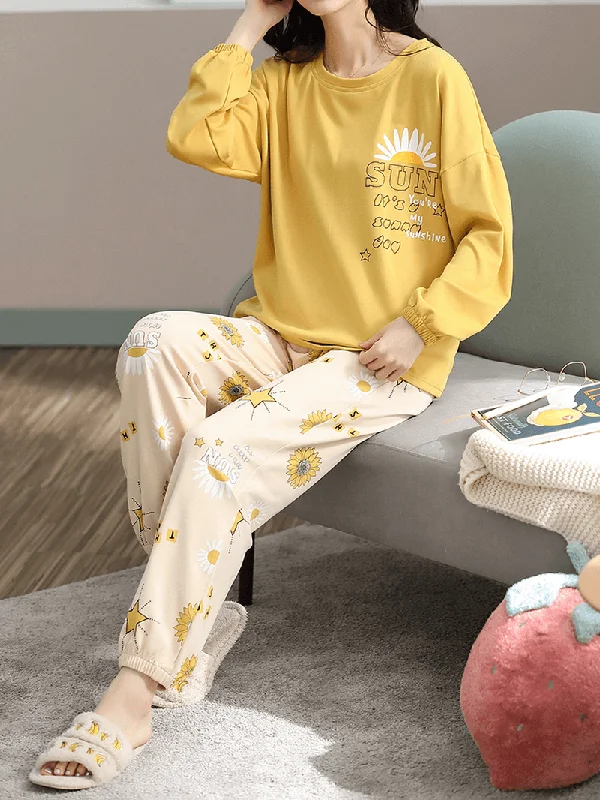 Plus Size Women Floral & Letter Print V-Neck Long Sleeve Home Casual Pajama Set