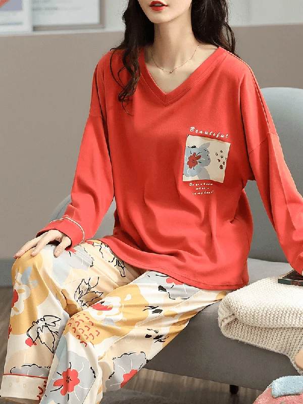 plus-size-women-floral-letter-print-v-neck-long-sleeve-home-casual-pajama-set