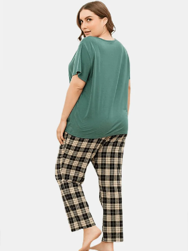 plus-size-women-solid-color-short-sleeve-top-plaid-print-two-piece-home-pajama-set