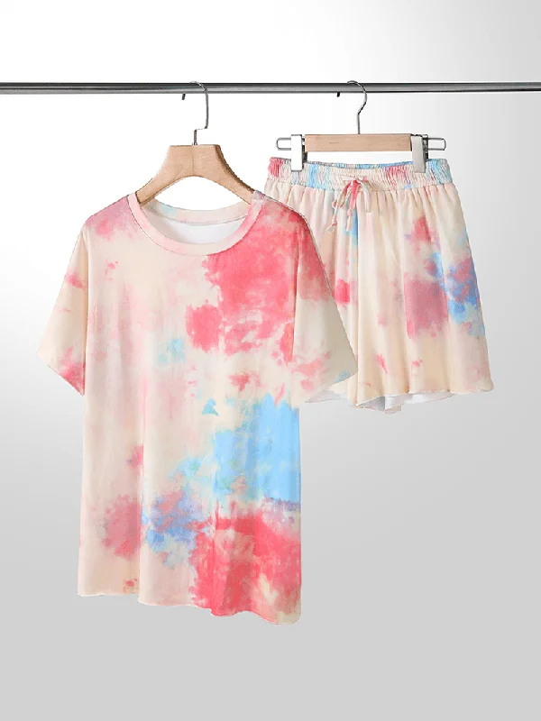 Plus Size Women Tie-Dye Short Sleeve Drawstring Casual Pajama Set