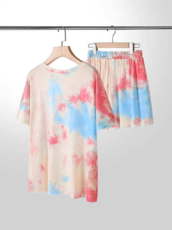 plus-size-women-tie-dye-short-sleeve-drawstring-casual-pajama-set