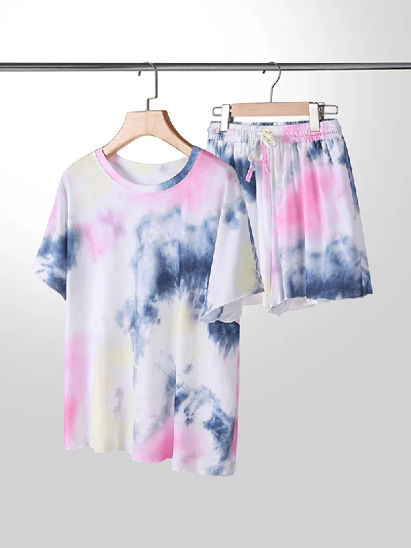 plus-size-women-tie-dye-short-sleeve-drawstring-casual-pajama-set