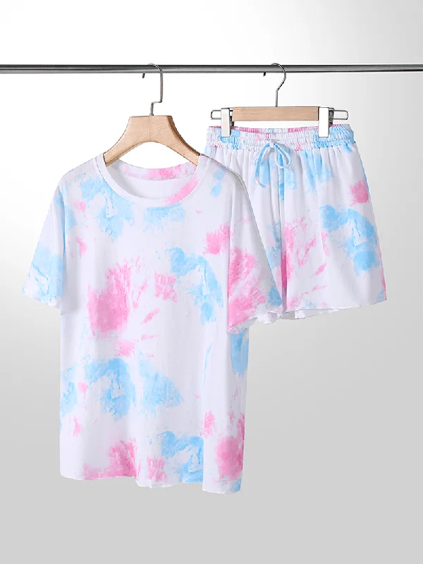 plus-size-women-tie-dye-short-sleeve-drawstring-casual-pajama-set