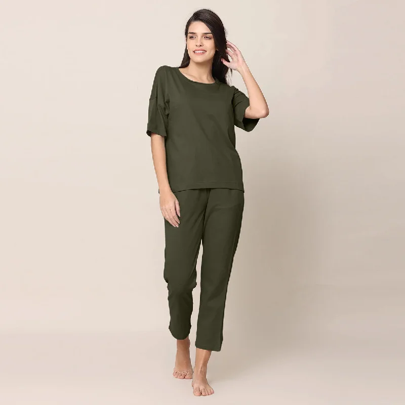 Organic Cotton Lounge Set for Women | Round Neck | Olive Green