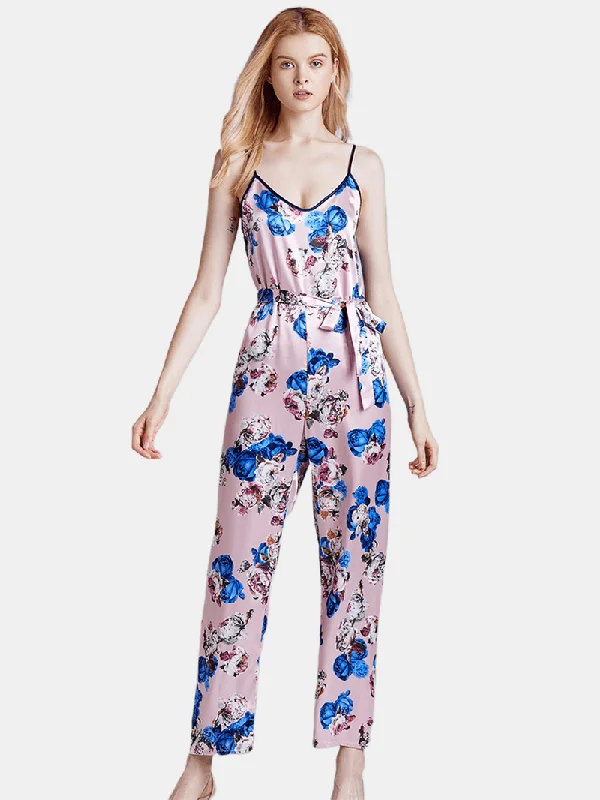 Silk Sleeveless Jumpsuits Long Pants Flora Printed Sleepwear