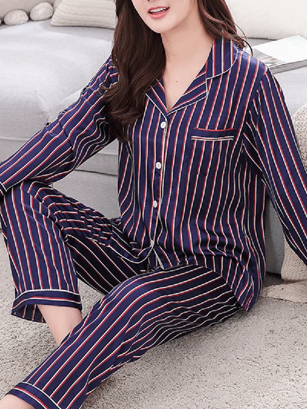 Stripe Camp Collar Pocket Long Sleeve Elastic Waist Faux Silk Home Pajama Sets for Women