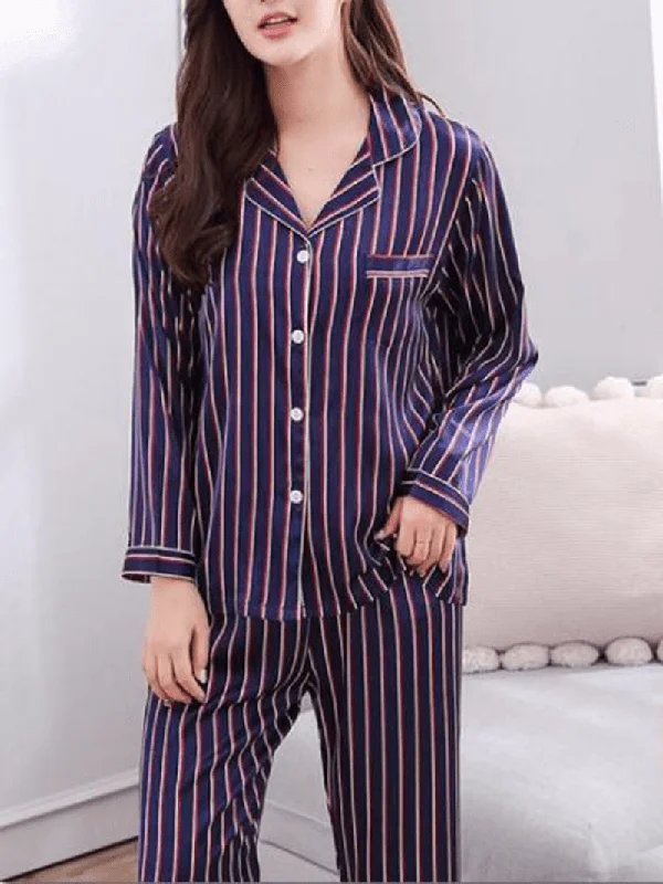 stripe-camp-collar-pocket-long-sleeve-elastic-waist-faux-silk-home-pajama-sets-for-women