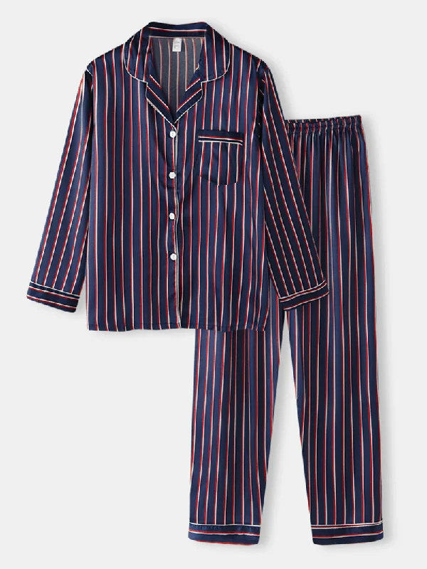 stripe-camp-collar-pocket-long-sleeve-elastic-waist-faux-silk-home-pajama-sets-for-women