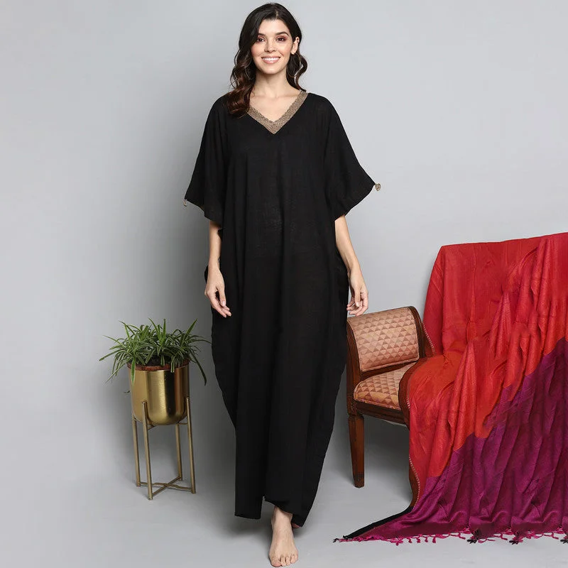 Cotton Kaftan | Gold Zari Neck | Tie-Up | Black