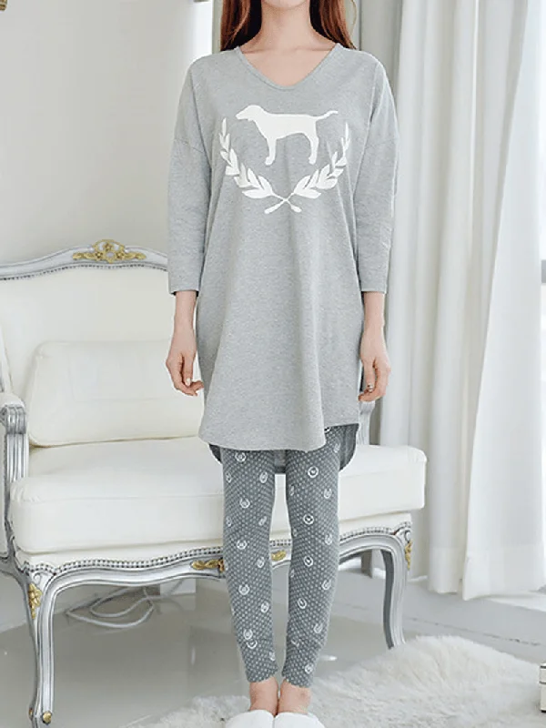 Women Abstract Print V-Neck Long Sleeve Grey Two Piece Pajama Set