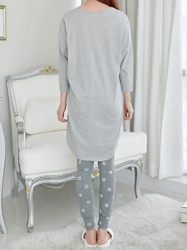 women-abstract-print-v-neck-long-sleeve-grey-two-piece-pajama-set