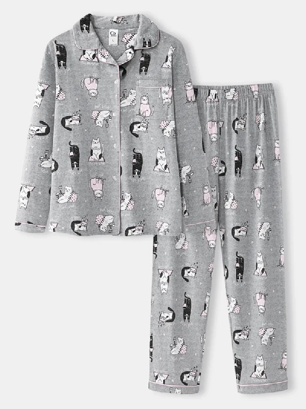 Women Allover Cartoon Cats Print Lapel Long Sleeve Cotton Loungewear Comfy Home Pajamas Sets