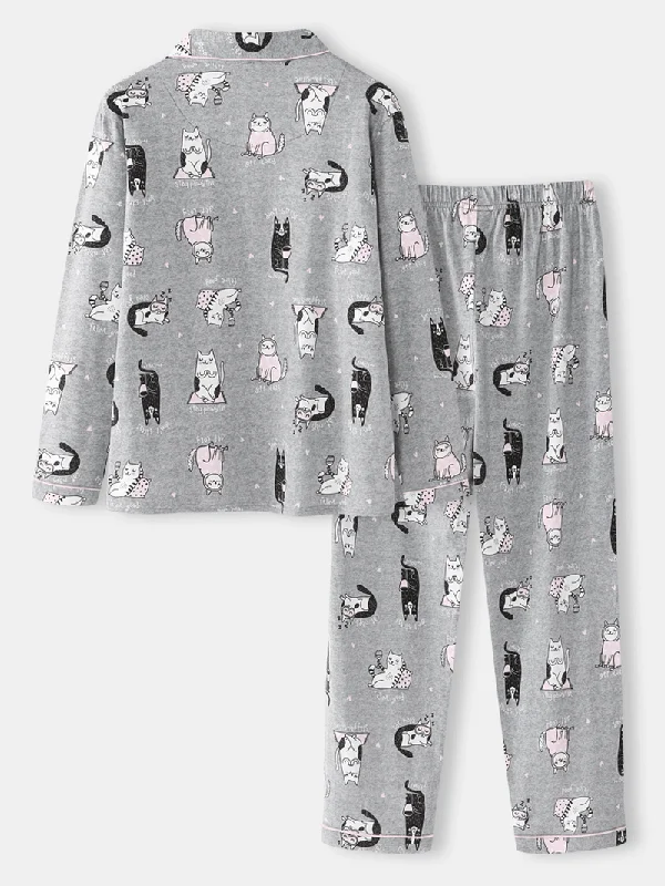 women-allover-cartoon-cats-print-lapel-long-sleeve-cotton-loungewear-comfy-home-pajamas-sets