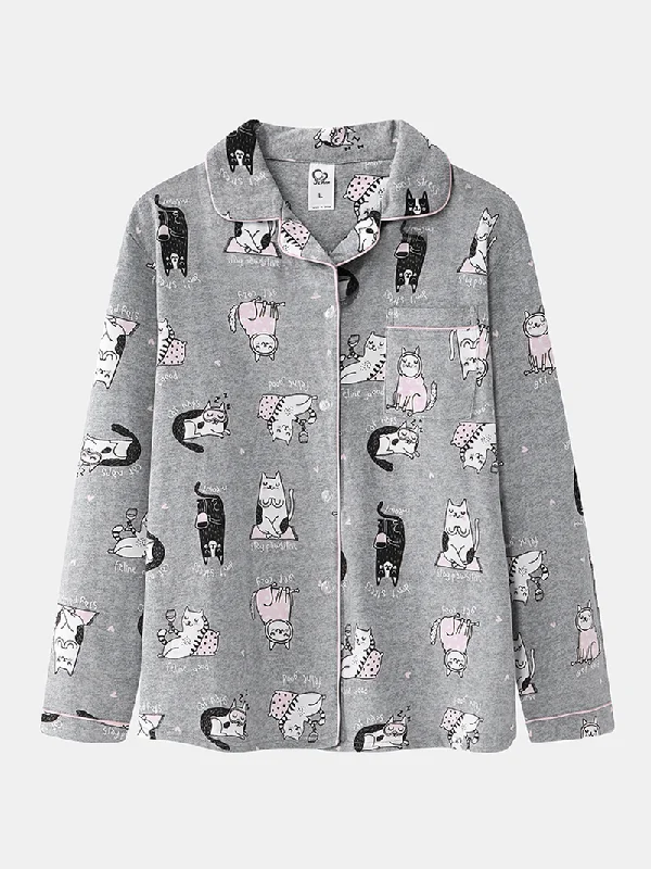 women-allover-cartoon-cats-print-lapel-long-sleeve-cotton-loungewear-comfy-home-pajamas-sets