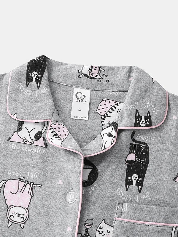 women-allover-cartoon-cats-print-lapel-long-sleeve-cotton-loungewear-comfy-home-pajamas-sets