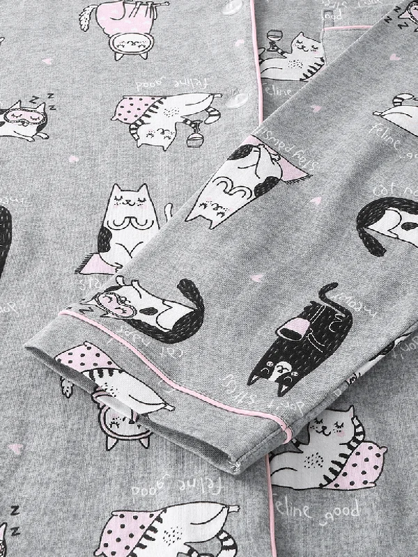 women-allover-cartoon-cats-print-lapel-long-sleeve-cotton-loungewear-comfy-home-pajamas-sets