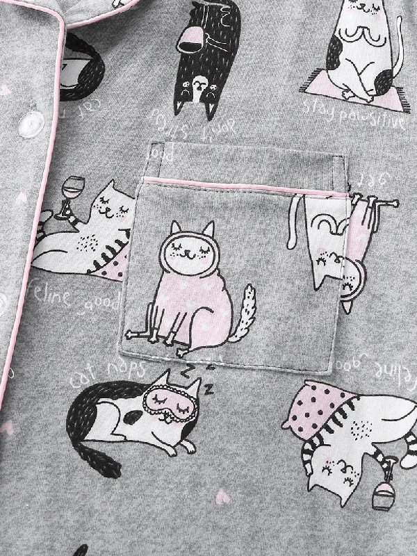 women-allover-cartoon-cats-print-lapel-long-sleeve-cotton-loungewear-comfy-home-pajamas-sets