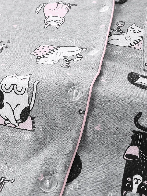 women-allover-cartoon-cats-print-lapel-long-sleeve-cotton-loungewear-comfy-home-pajamas-sets