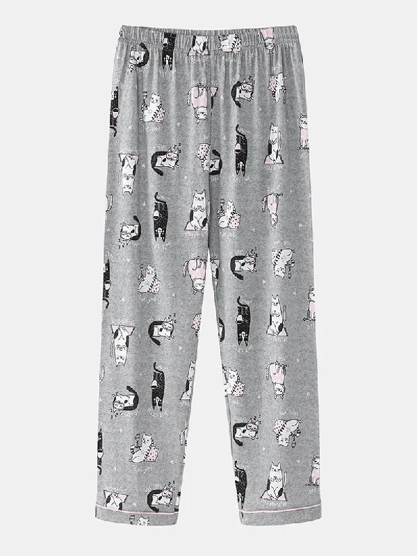 women-allover-cartoon-cats-print-lapel-long-sleeve-cotton-loungewear-comfy-home-pajamas-sets