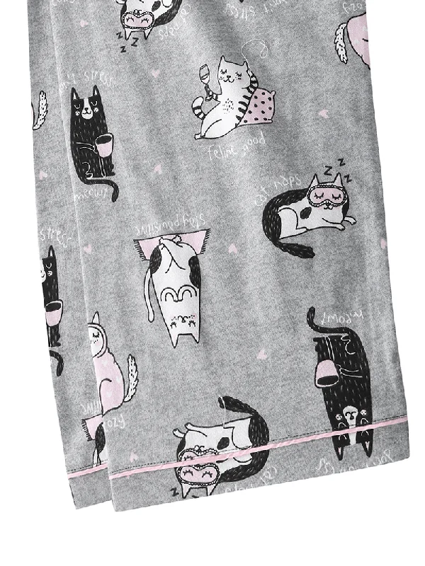 women-allover-cartoon-cats-print-lapel-long-sleeve-cotton-loungewear-comfy-home-pajamas-sets