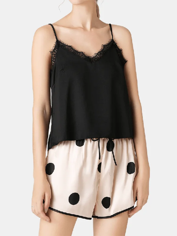 women-black-lace-v-neck-sleeveless-vest-polka-dot-shorts-home-smooth-pajama-set