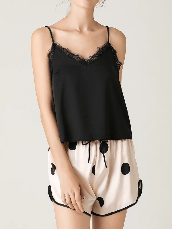 women-black-lace-v-neck-sleeveless-vest-polka-dot-shorts-home-smooth-pajama-set