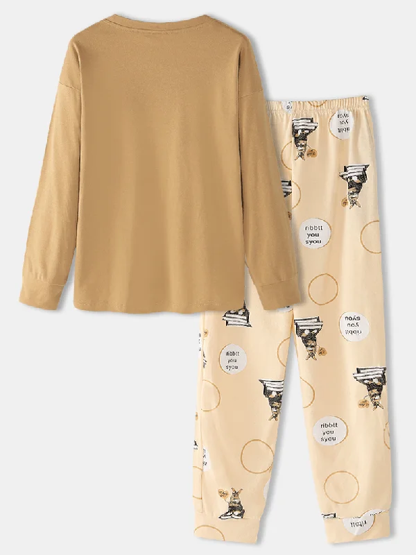 women-cartoon-animal-print-long-sleeve-pullover-elastic-waist-letter-pants-home-pajama-set