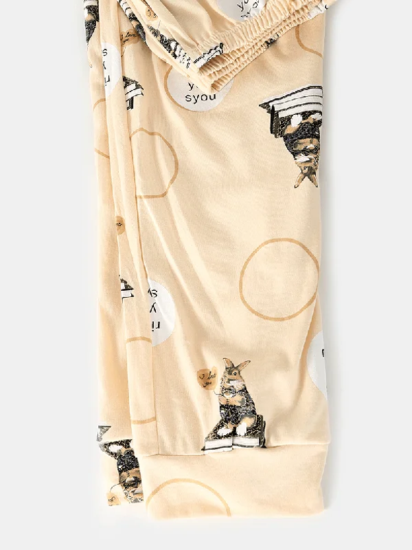 women-cartoon-animal-print-long-sleeve-pullover-elastic-waist-letter-pants-home-pajama-set