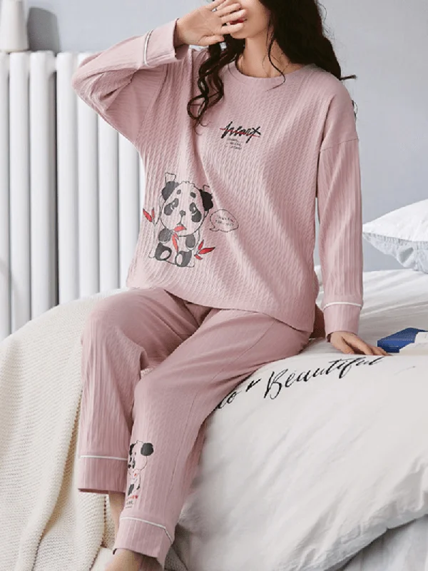 Women Cartoon Animal Print Rib Long Sleeve Elastic Waist Pajama Set with Pocket