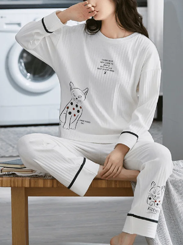 women-cartoon-animal-print-rib-long-sleeve-elastic-waist-pajama-set-with-pocket