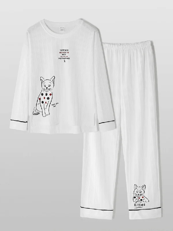 women-cartoon-animal-print-rib-long-sleeve-elastic-waist-pajama-set-with-pocket