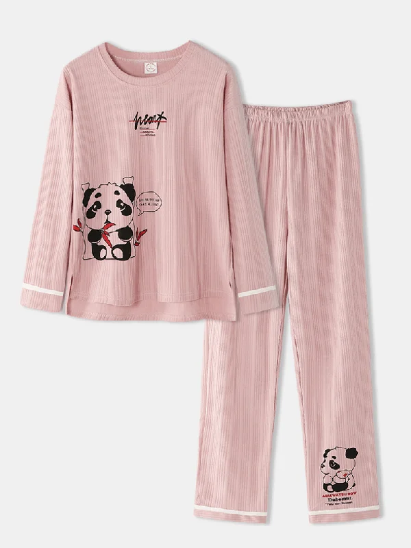 women-cartoon-animal-print-rib-long-sleeve-elastic-waist-pajama-set-with-pocket