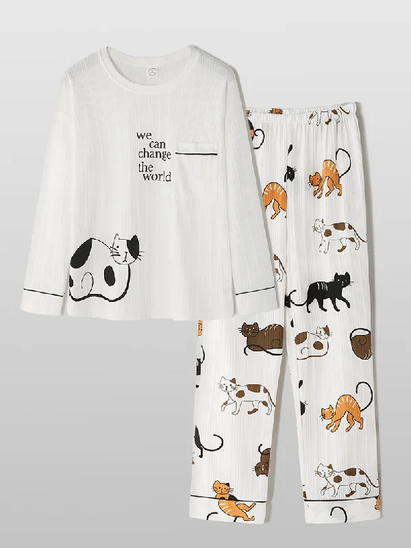 women-cartoon-animal-print-rib-long-sleeve-elastic-waist-pajama-set-with-pocket