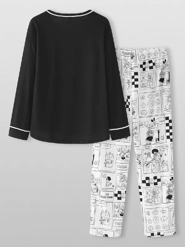 women-cartoon-anime-print-black-pullover-elastic-waist-pants-home-pajma-set