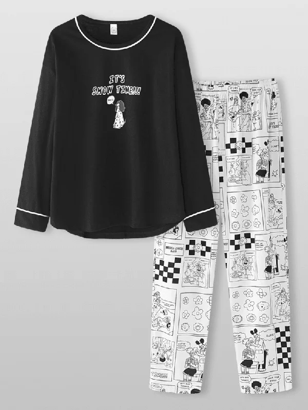 women-cartoon-anime-print-black-pullover-elastic-waist-pants-home-pajma-set