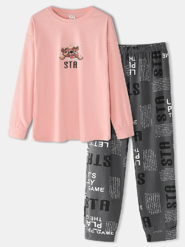 Women Cartoon Bear Print Drop Shoulder Pullover Letter Elastic Waist Pants Home Pajama Set