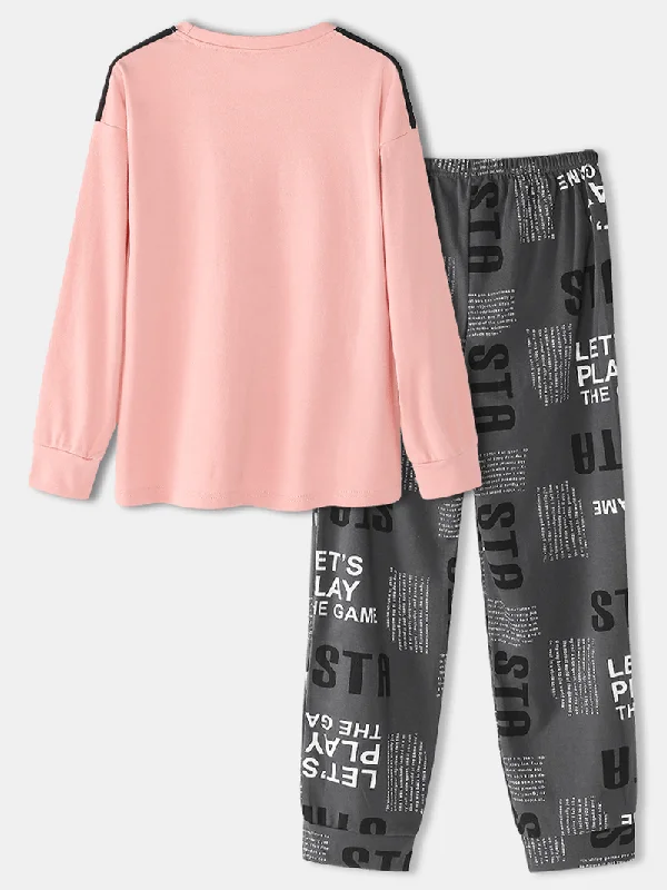 women-cartoon-bear-print-drop-shoulder-pullover-letter-elastic-waist-pants-home-pajama-set