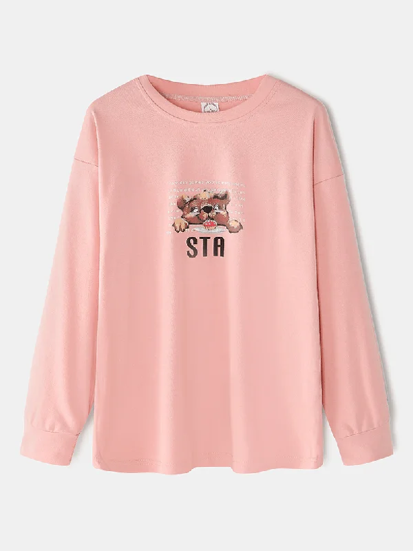 women-cartoon-bear-print-drop-shoulder-pullover-letter-elastic-waist-pants-home-pajama-set