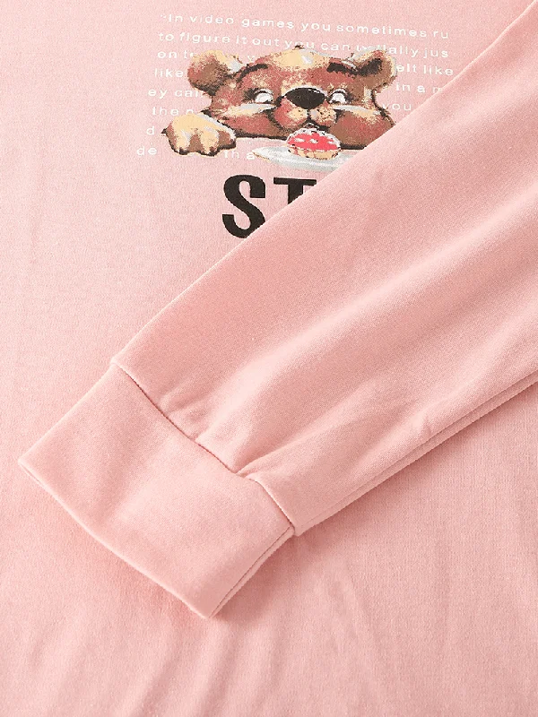 women-cartoon-bear-print-drop-shoulder-pullover-letter-elastic-waist-pants-home-pajama-set