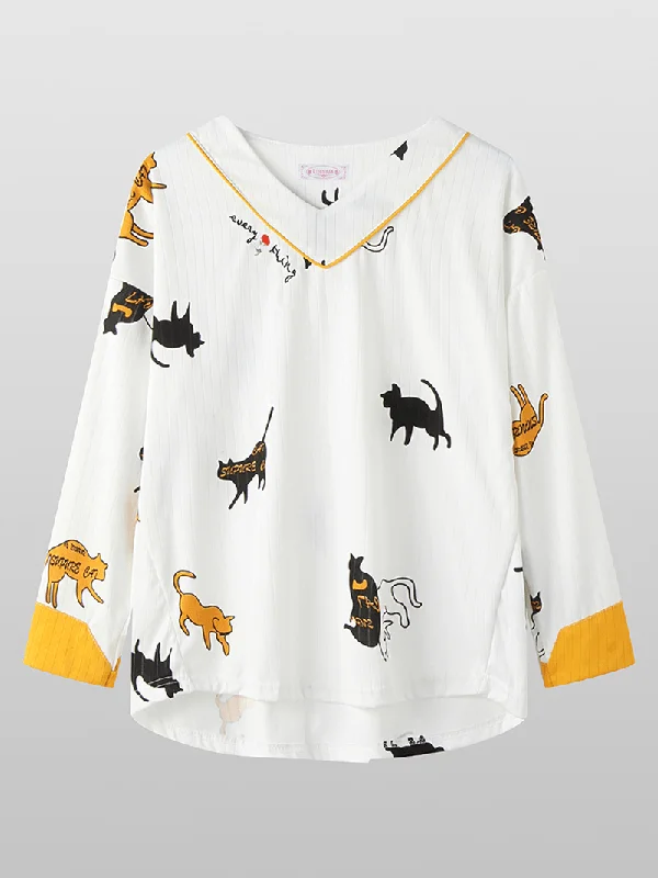 women-cartoon-cat-print-v-neck-long-sleeve-loose-lounge-home-two-piece-pajamas-sets