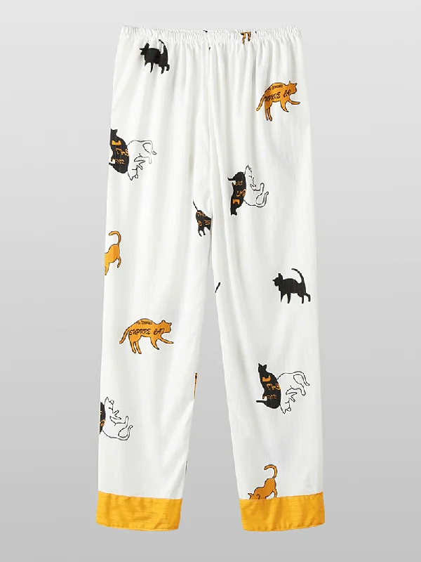 women-cartoon-cat-print-v-neck-long-sleeve-loose-lounge-home-two-piece-pajamas-sets