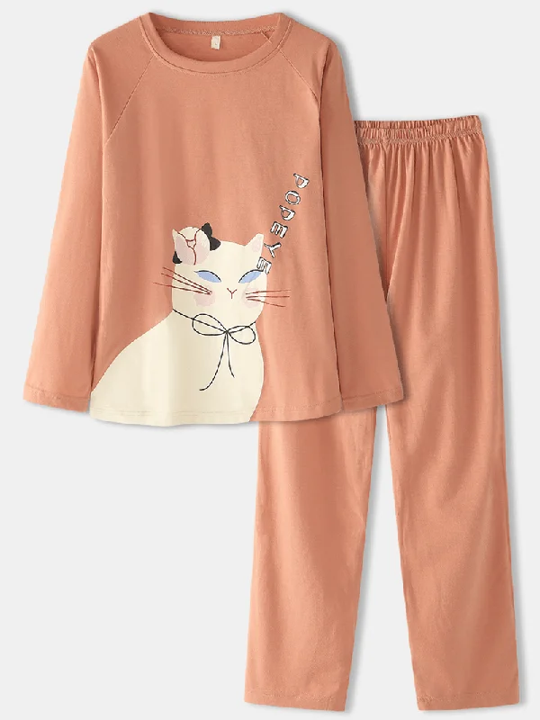 women-cartoon-cat-solid-color-elastic-waist-loose-pants-home-pajamas-set