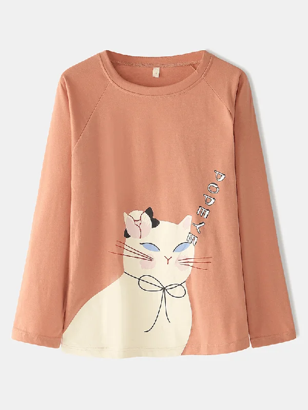 women-cartoon-cat-solid-color-elastic-waist-loose-pants-home-pajamas-set