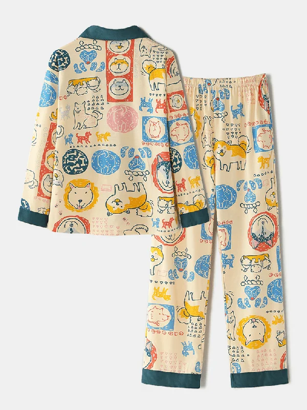 women-cartoon-dog-print-camp-collar-long-sleeve-elastic-waist-cotton-pajama-set